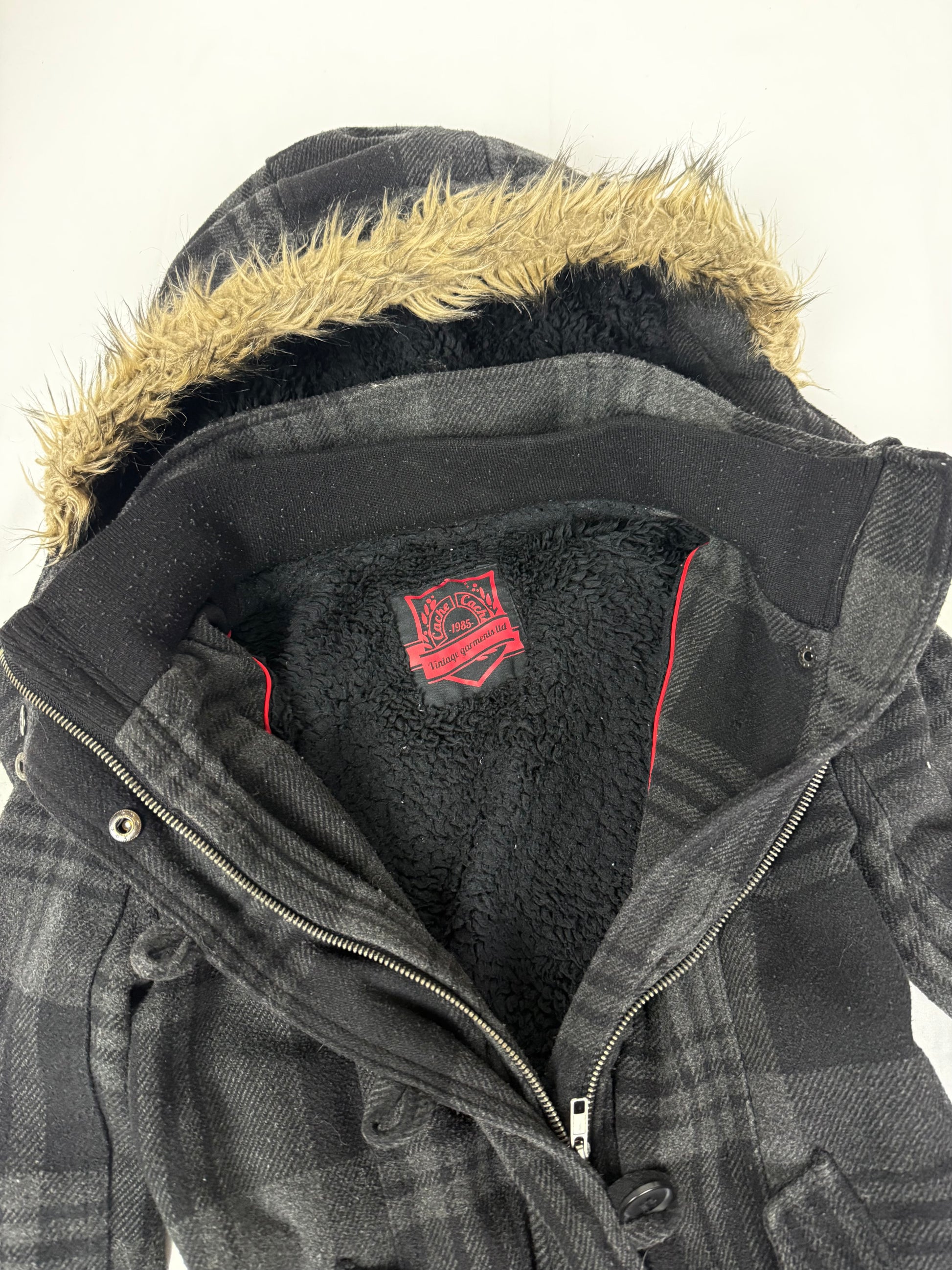 Grey check print inside fur zip up winter hooded biker jacket (S/M)