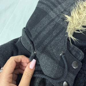 Grey check print inside fur zip up winter hooded biker jacket (S/M)
