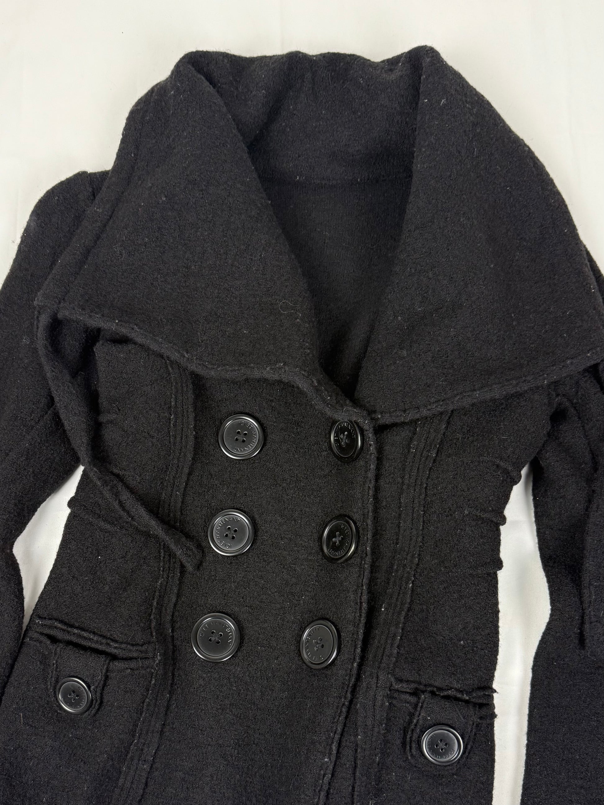 Black 100% wool large neck tight fit trench coat (S)