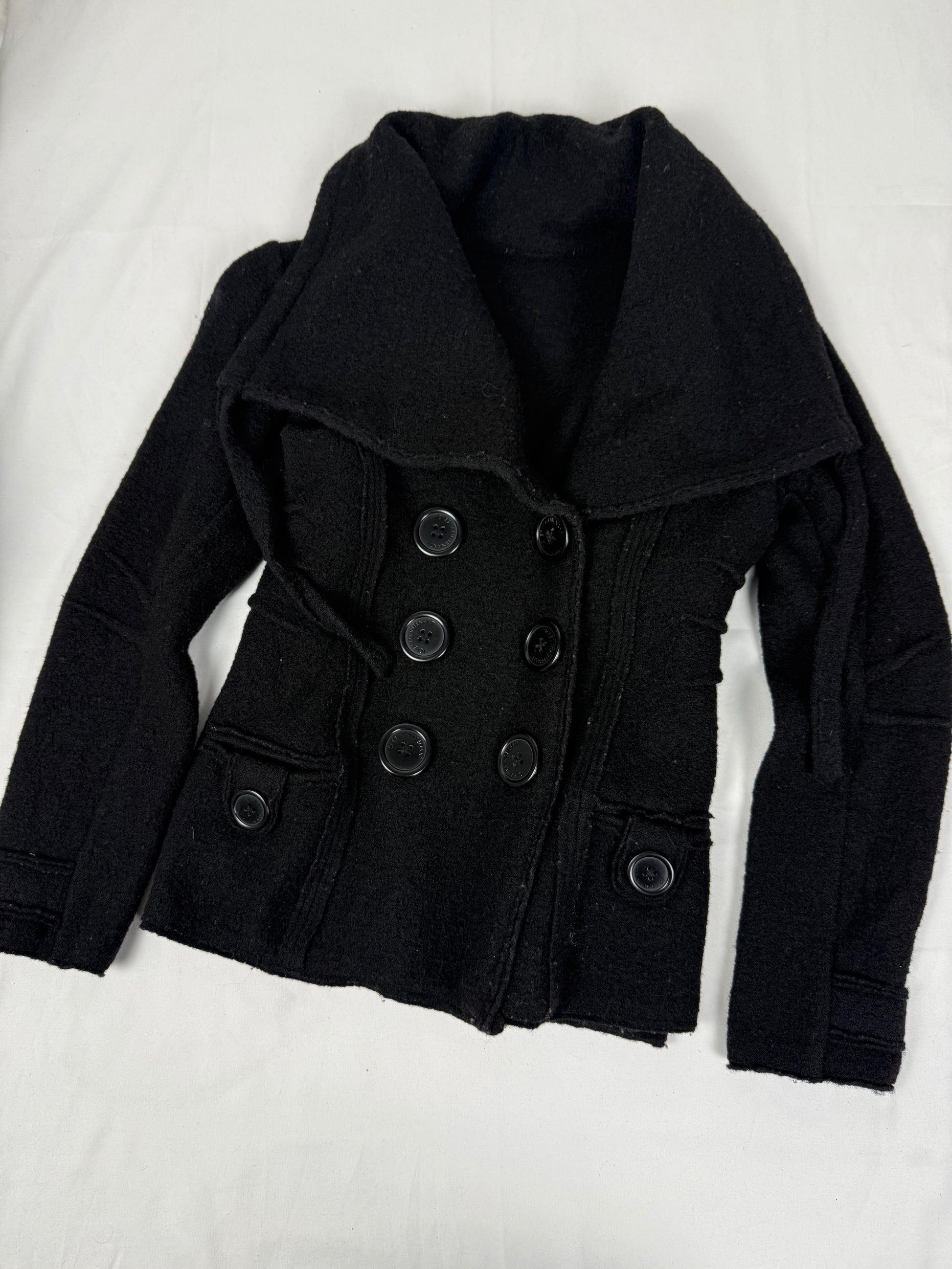 Black 100% wool large neck tight fit trench coat (S)