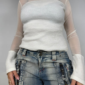 White turtleneck bi fabric mesh jumper (S)