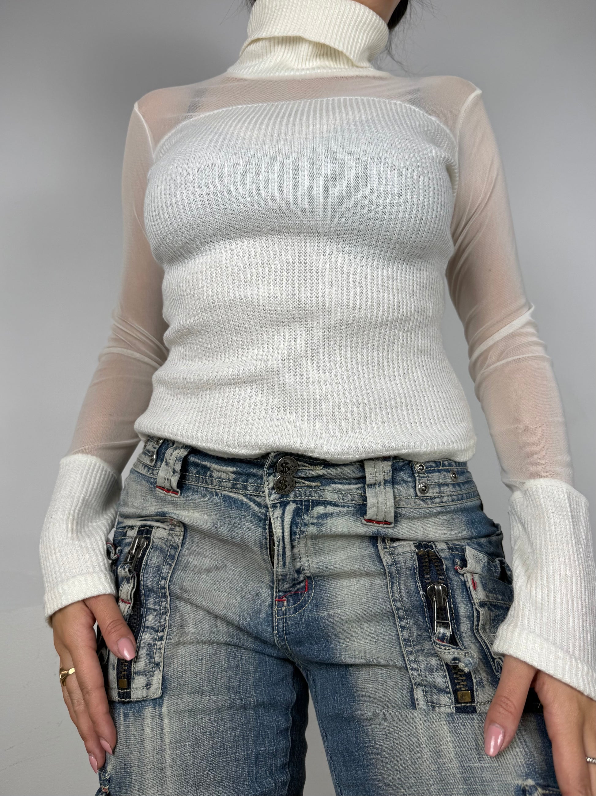 White turtleneck bi fabric mesh jumper (S)