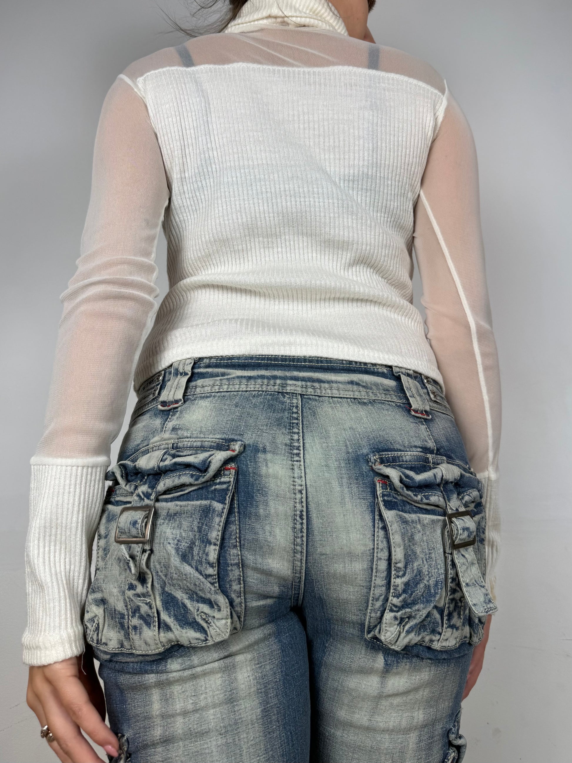 White turtleneck bi fabric mesh jumper (S)