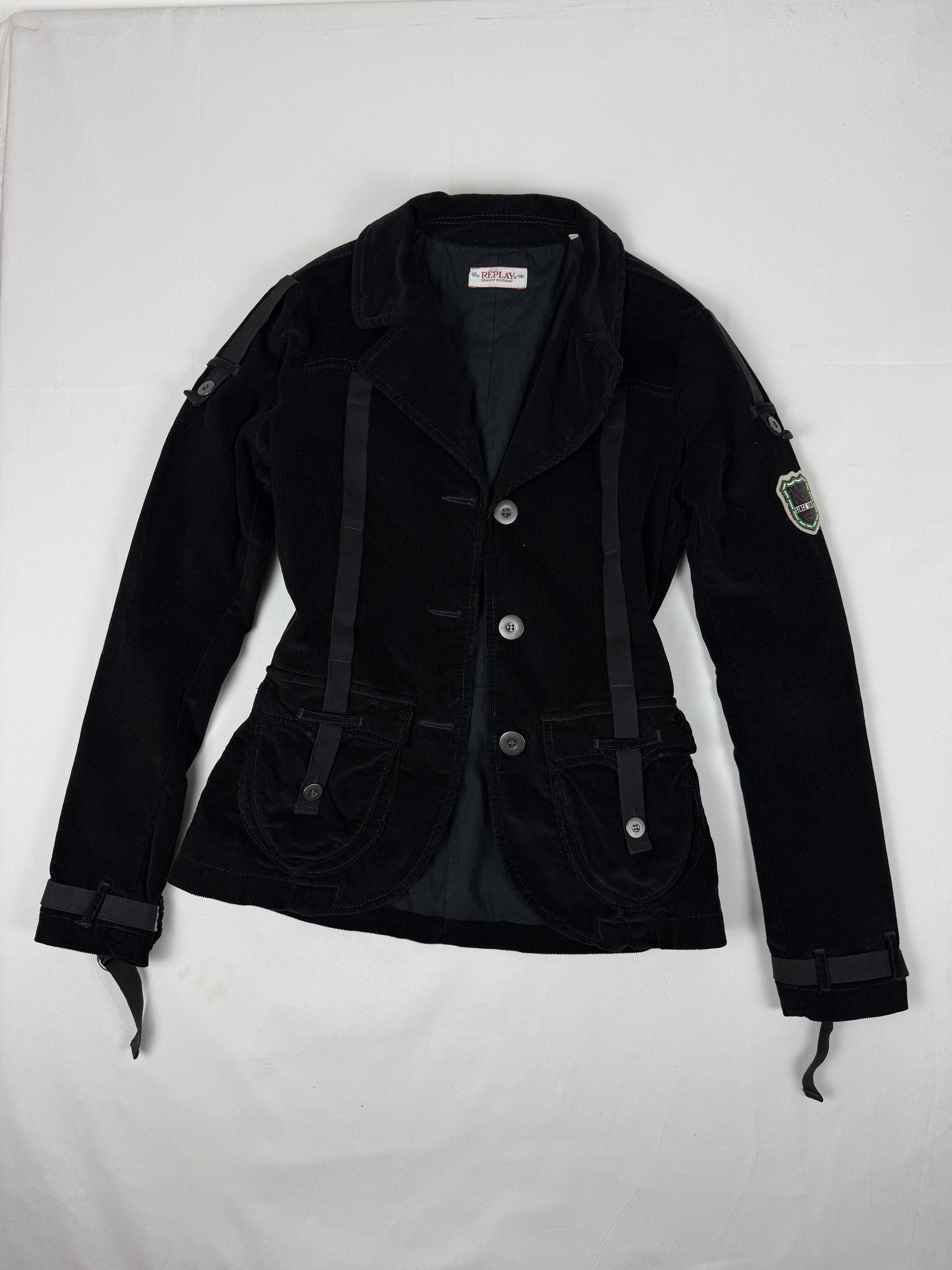 Black velvet ribbed biker jacket (S)