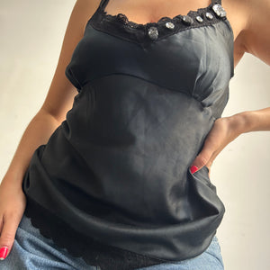 Black satin silk effect strass cami top (M/L)