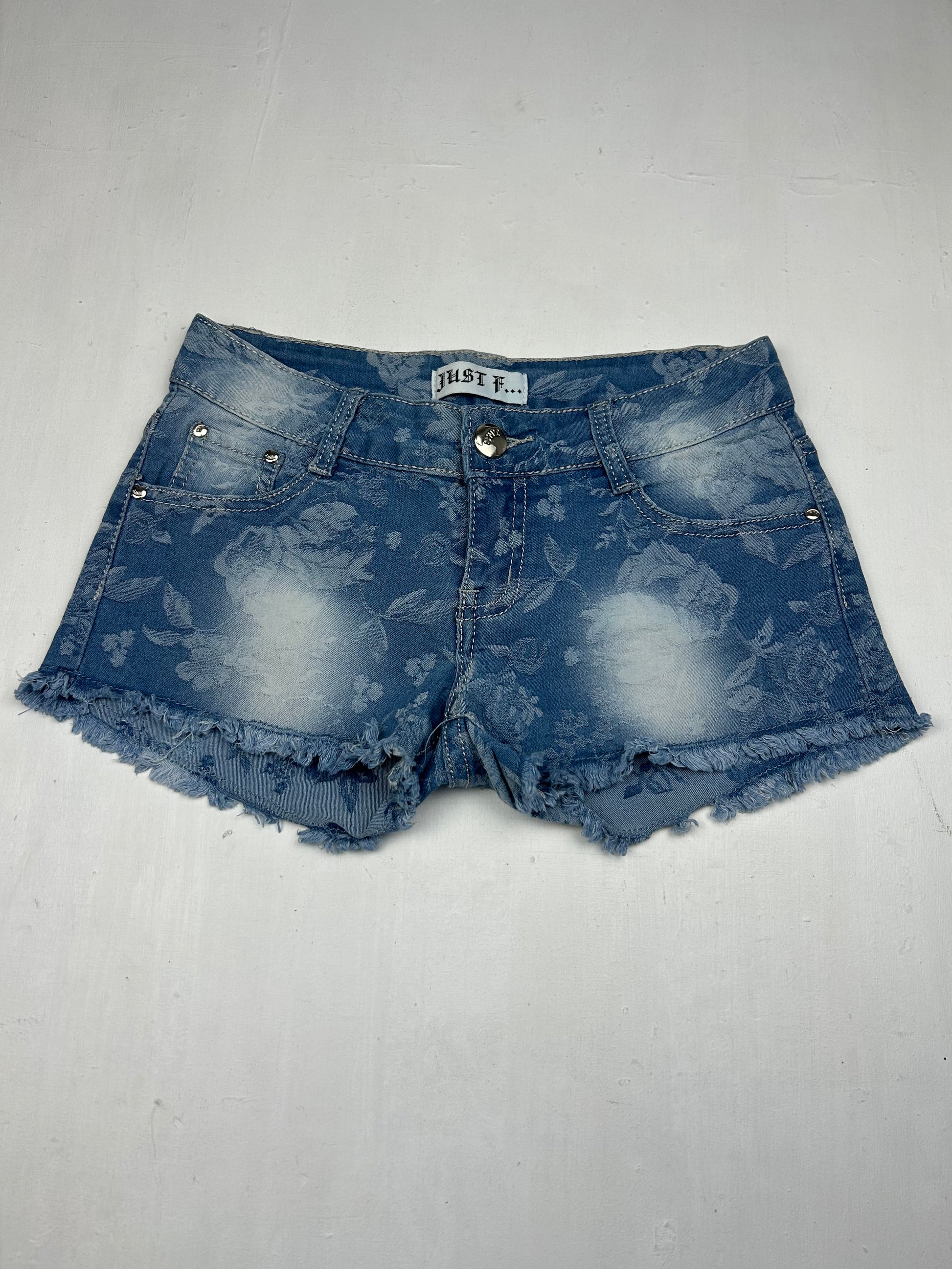 Blue denim floral low rise mini short (S)