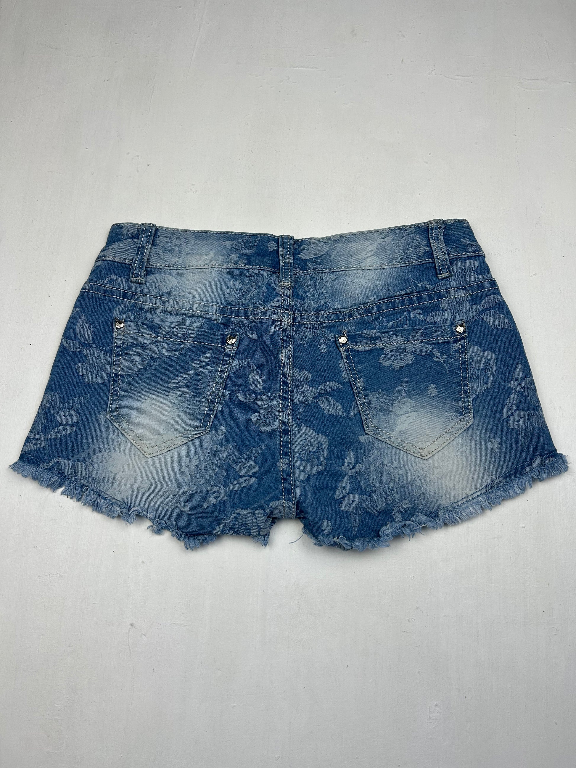 Blue denim floral low rise mini short (S)