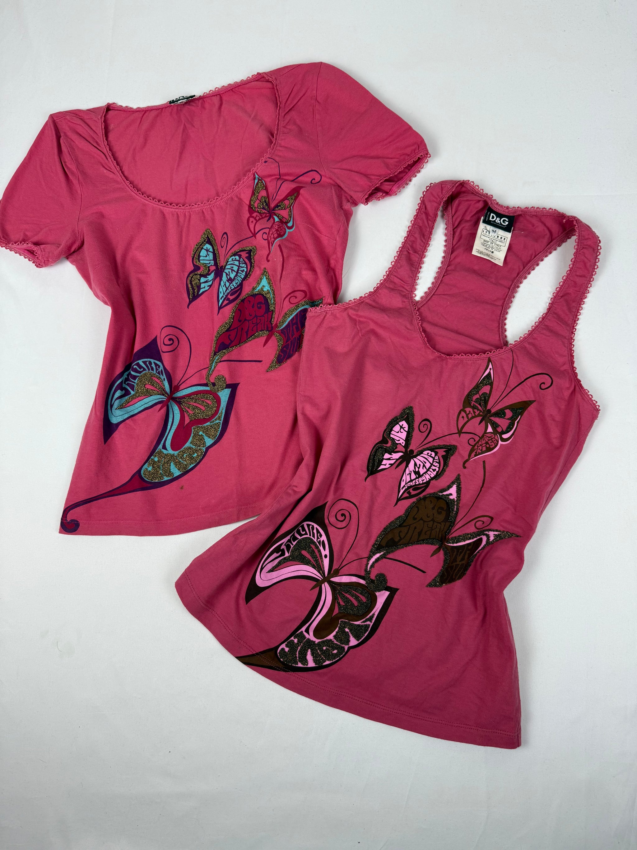 Pink butterfly print cotton stretchy tee (L)