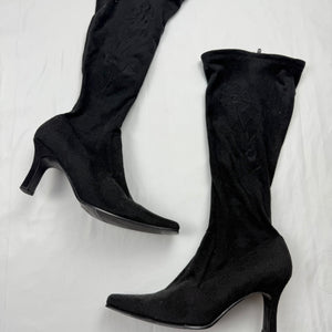Black suede embroidered kitten heels boots (40)