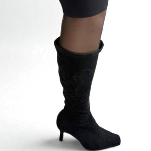 Black suede embroidered kitten heels boots (40)