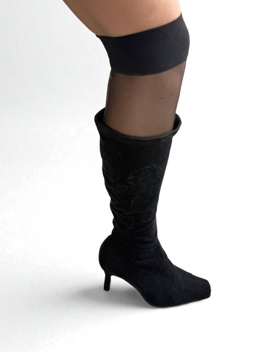 Black suede embroidered kitten heels boots (40)
