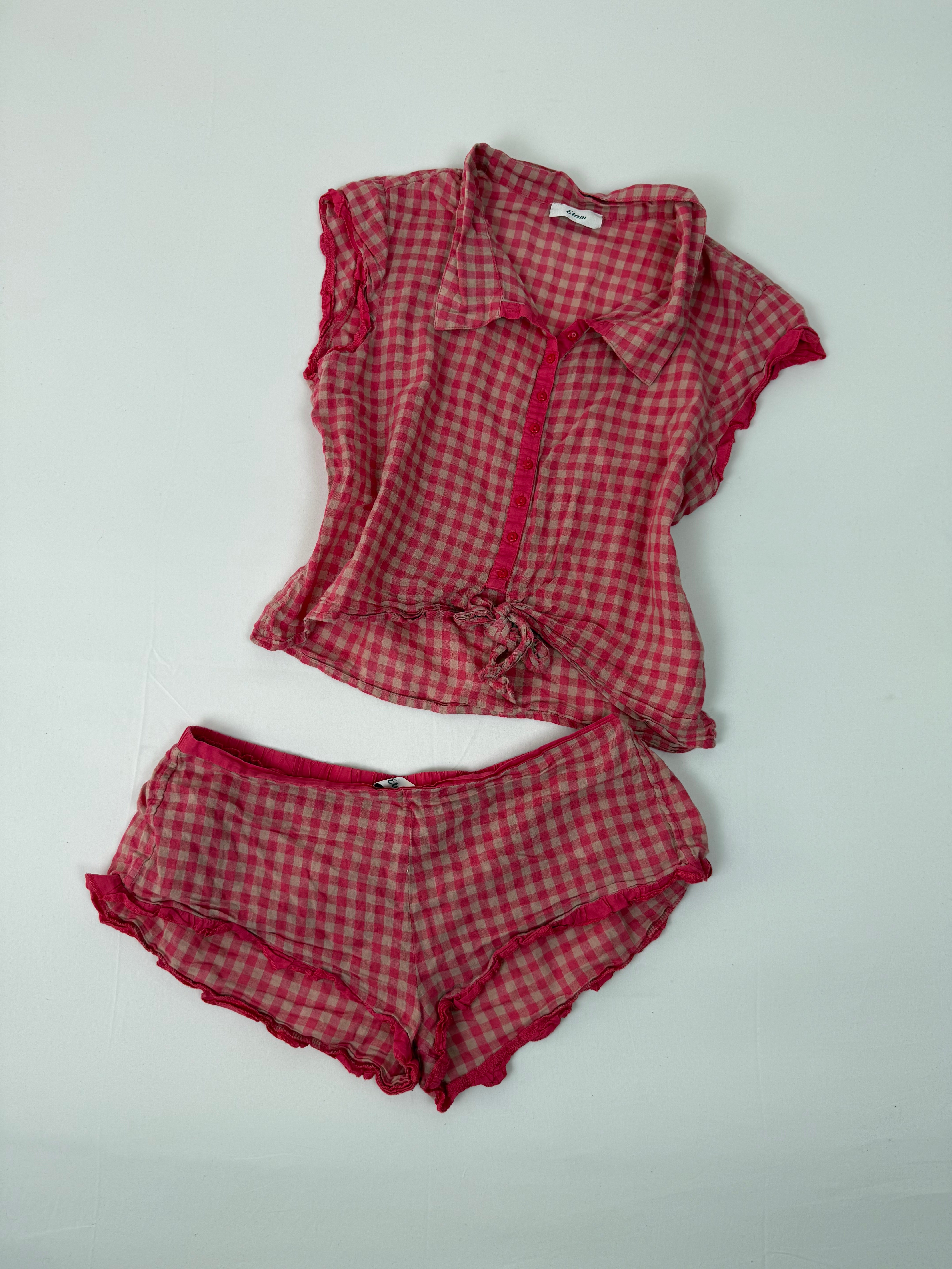 Red check print cotton top + shorty set (M)