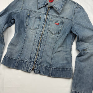 Blue denim zip up tight fit biker jacket (S/M)