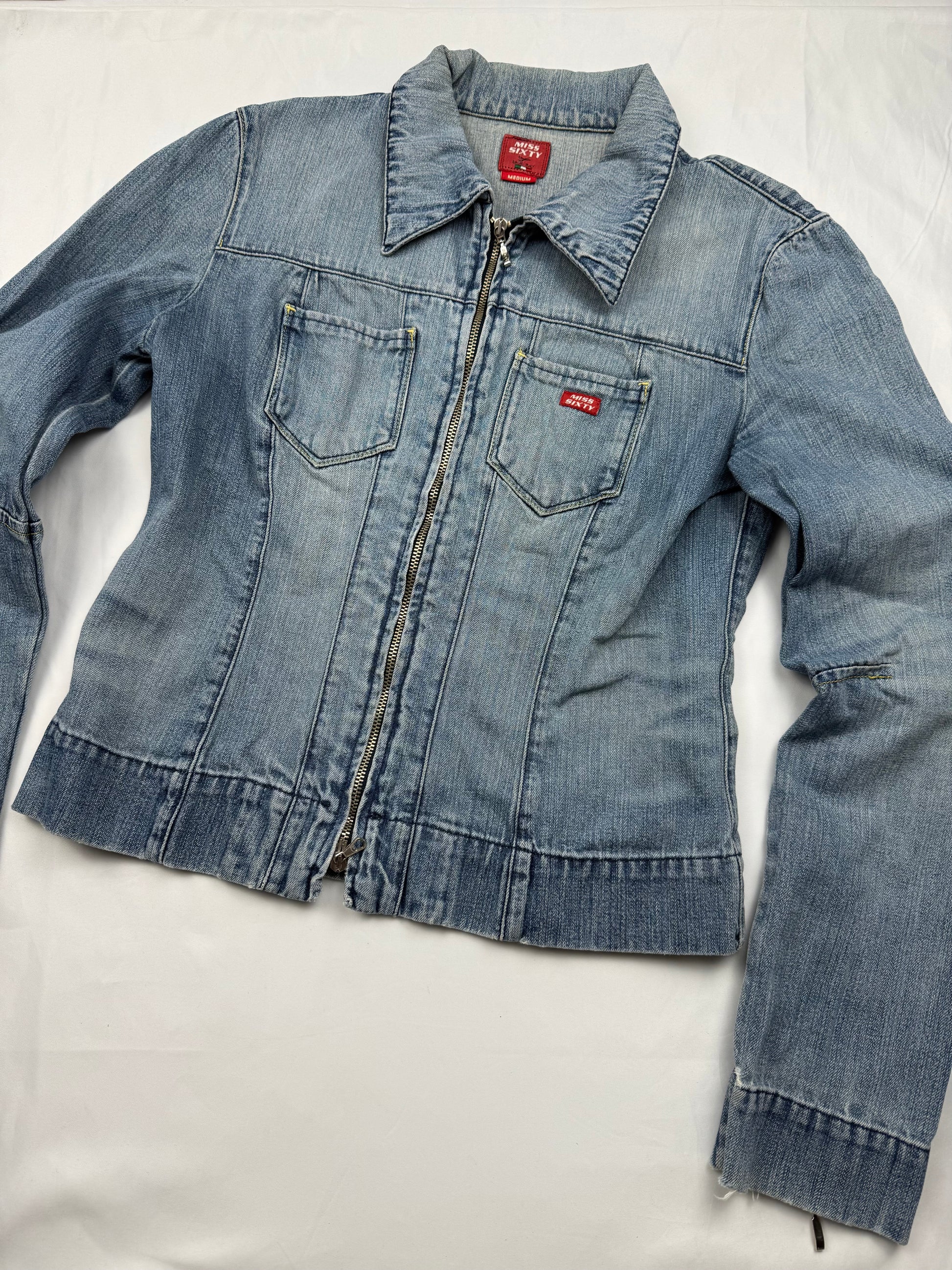 Blue denim zip up tight fit biker jacket (S/M)