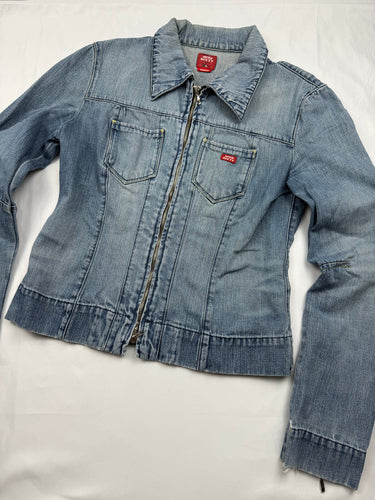 Blue denim zip up tight fit biker jacket (S/M)