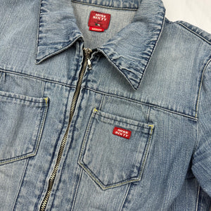 Blue denim zip up tight fit biker jacket (S/M)