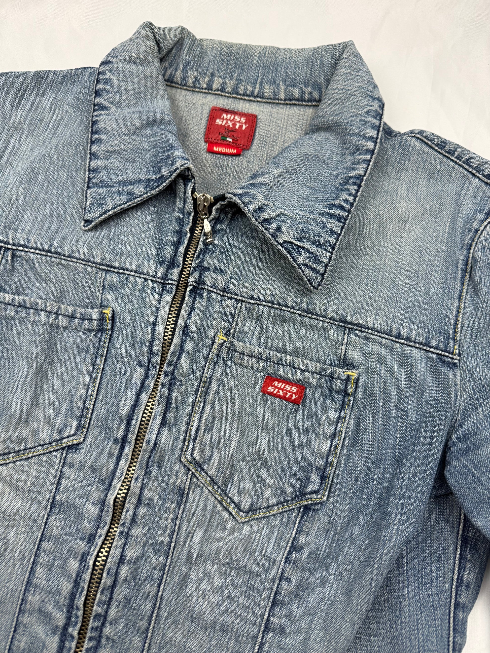 Blue denim zip up tight fit biker jacket (S/M)