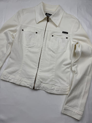 White denim zip up tight fit biker jacket (S/M)