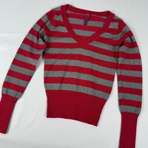 Red & grey striped V neck tight fit jumper (S)