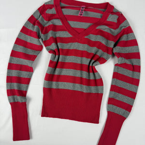 Red & grey striped V neck tight fit jumper (S)