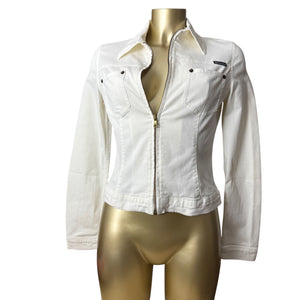 White denim zip up tight fit biker jacket (S/M)
