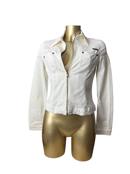 White denim zip up tight fit biker jacket (S/M)