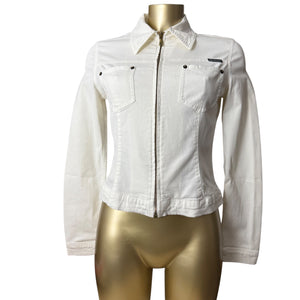 White denim zip up tight fit biker jacket (S/M)