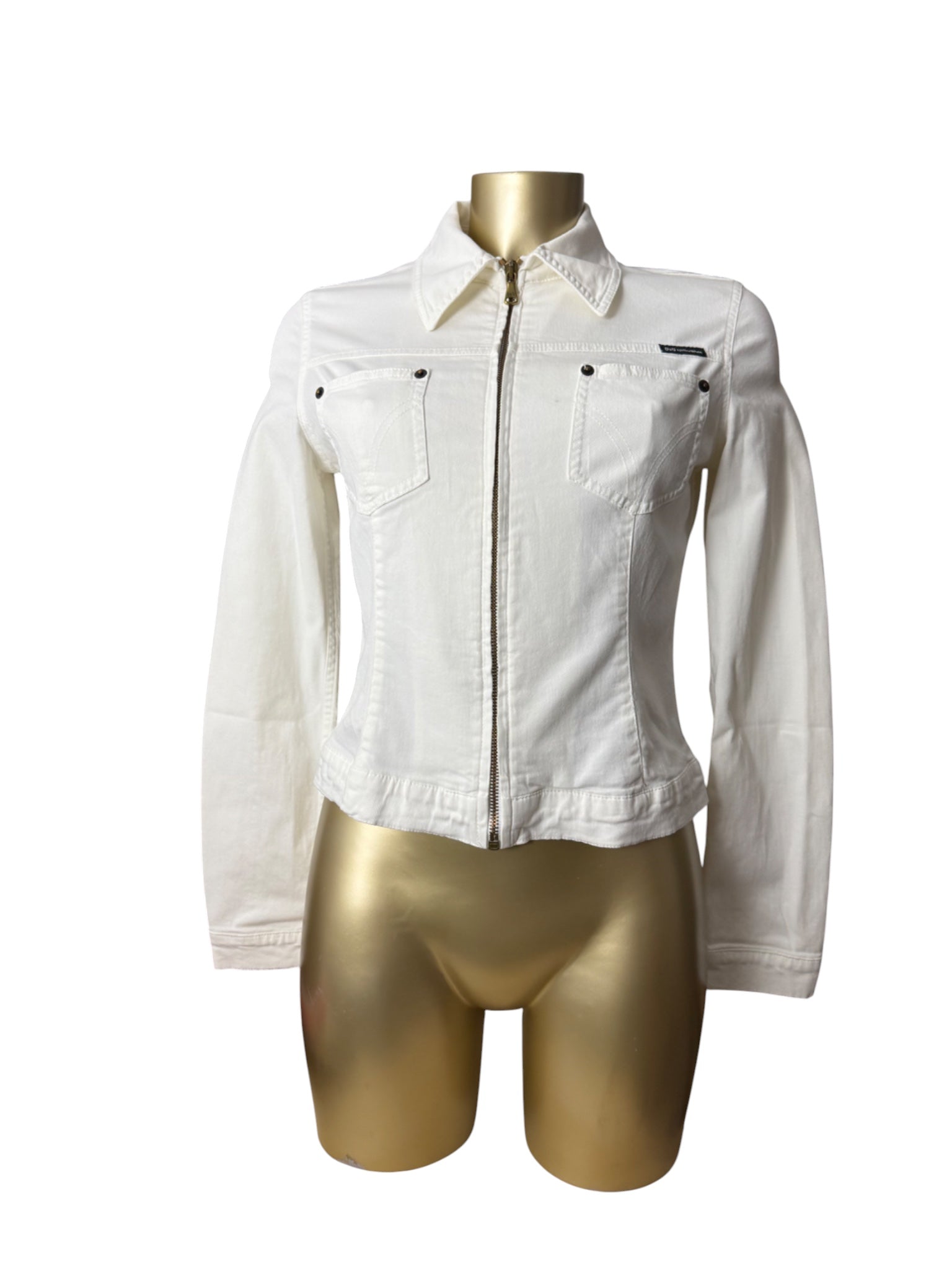 White denim zip up tight fit biker jacket (S/M)