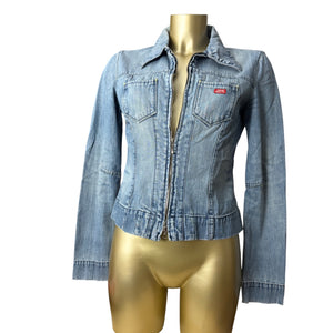 Blue denim zip up tight fit biker jacket (S/M)