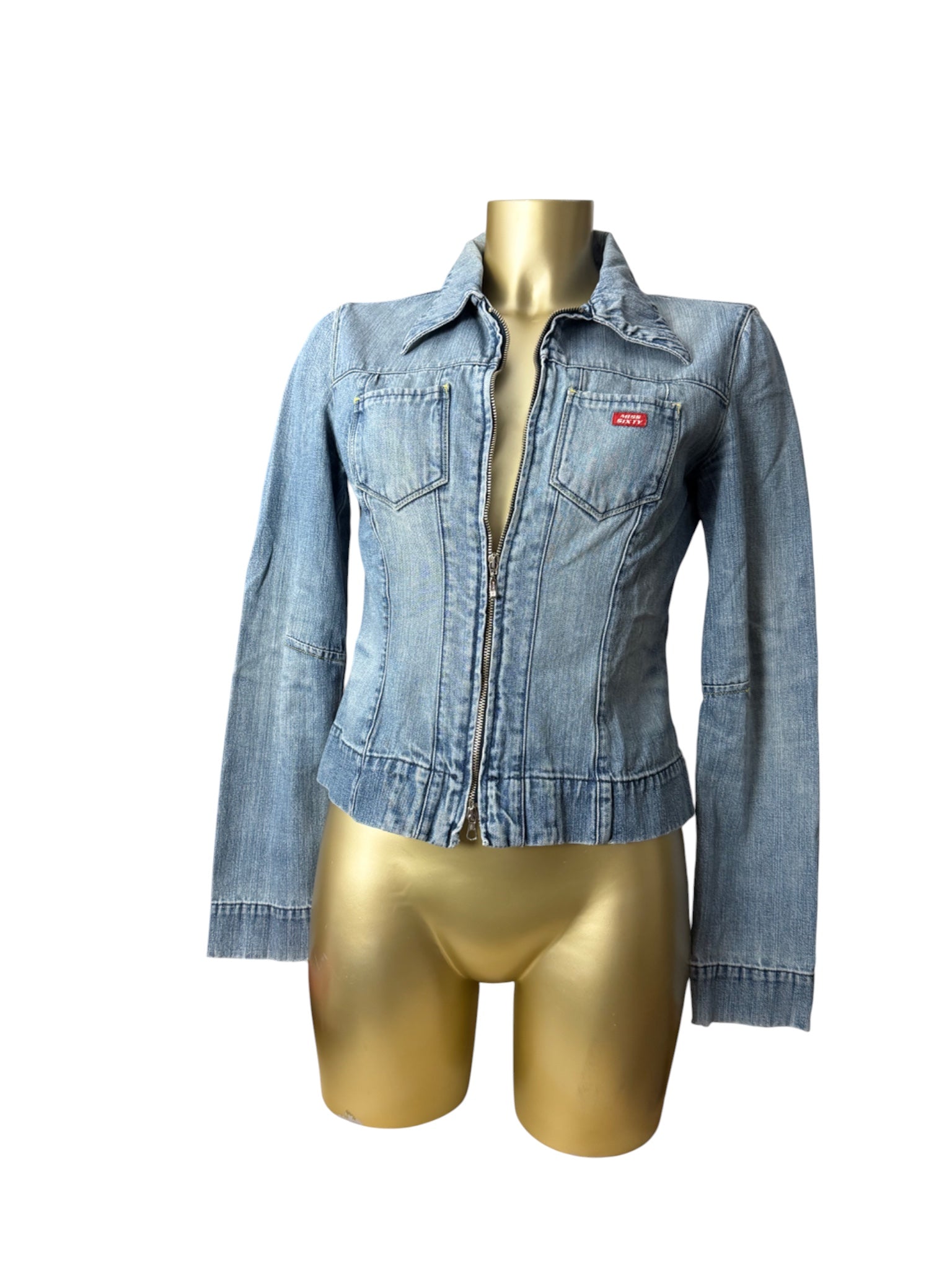 Blue denim zip up tight fit biker jacket (S/M)