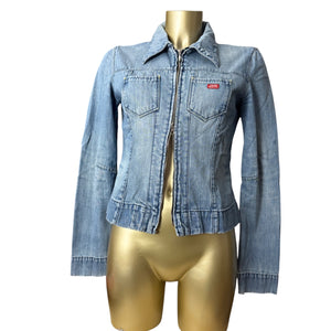 Blue denim zip up tight fit biker jacket (S/M)
