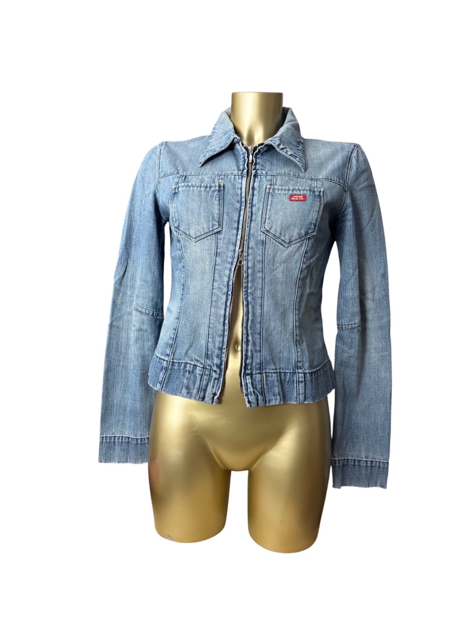 Blue denim zip up tight fit biker jacket (S/M)
