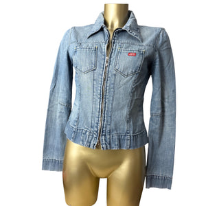 Blue denim zip up tight fit biker jacket (S/M)