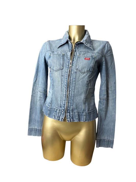 Blue denim zip up tight fit biker jacket (S/M)