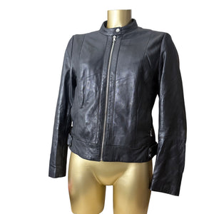 Black real leather zip up biker jacket (M)