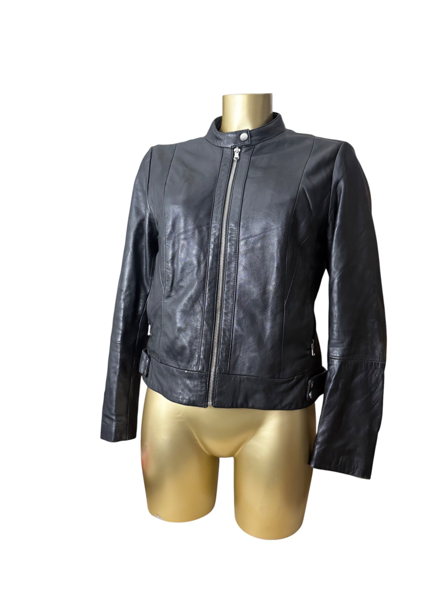 Black real leather zip up biker jacket (M)