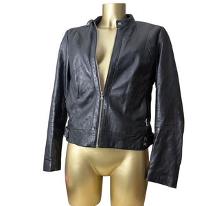 Black real leather zip up biker jacket (M)