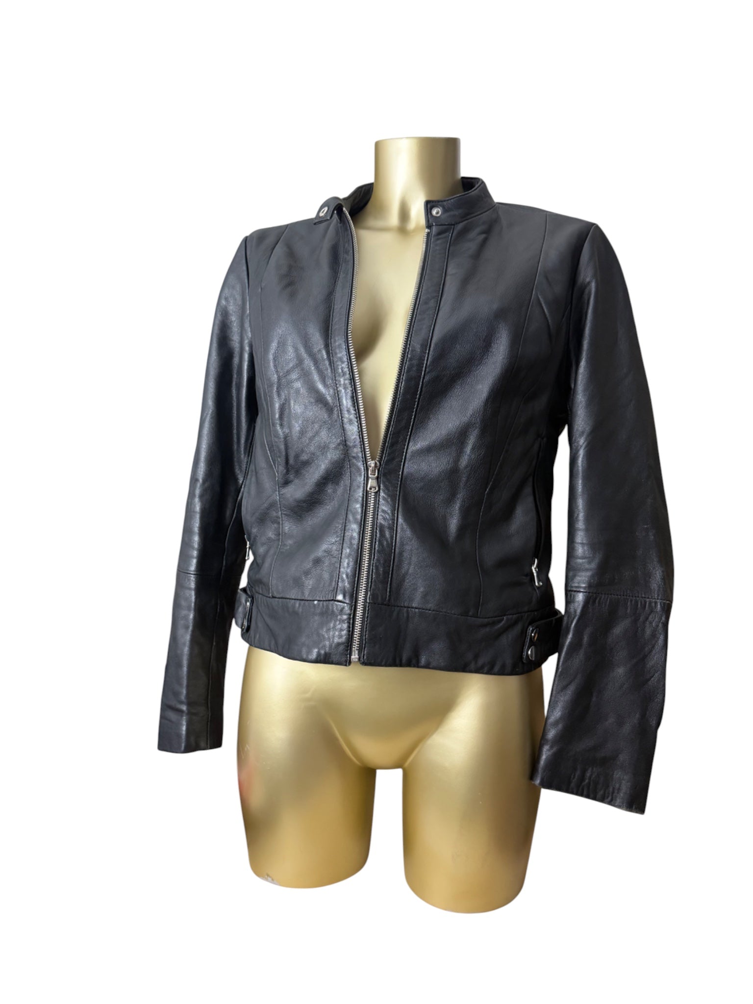 Black real leather zip up biker jacket (M)