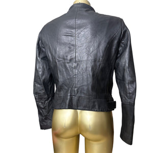 Black real leather zip up biker jacket (M)