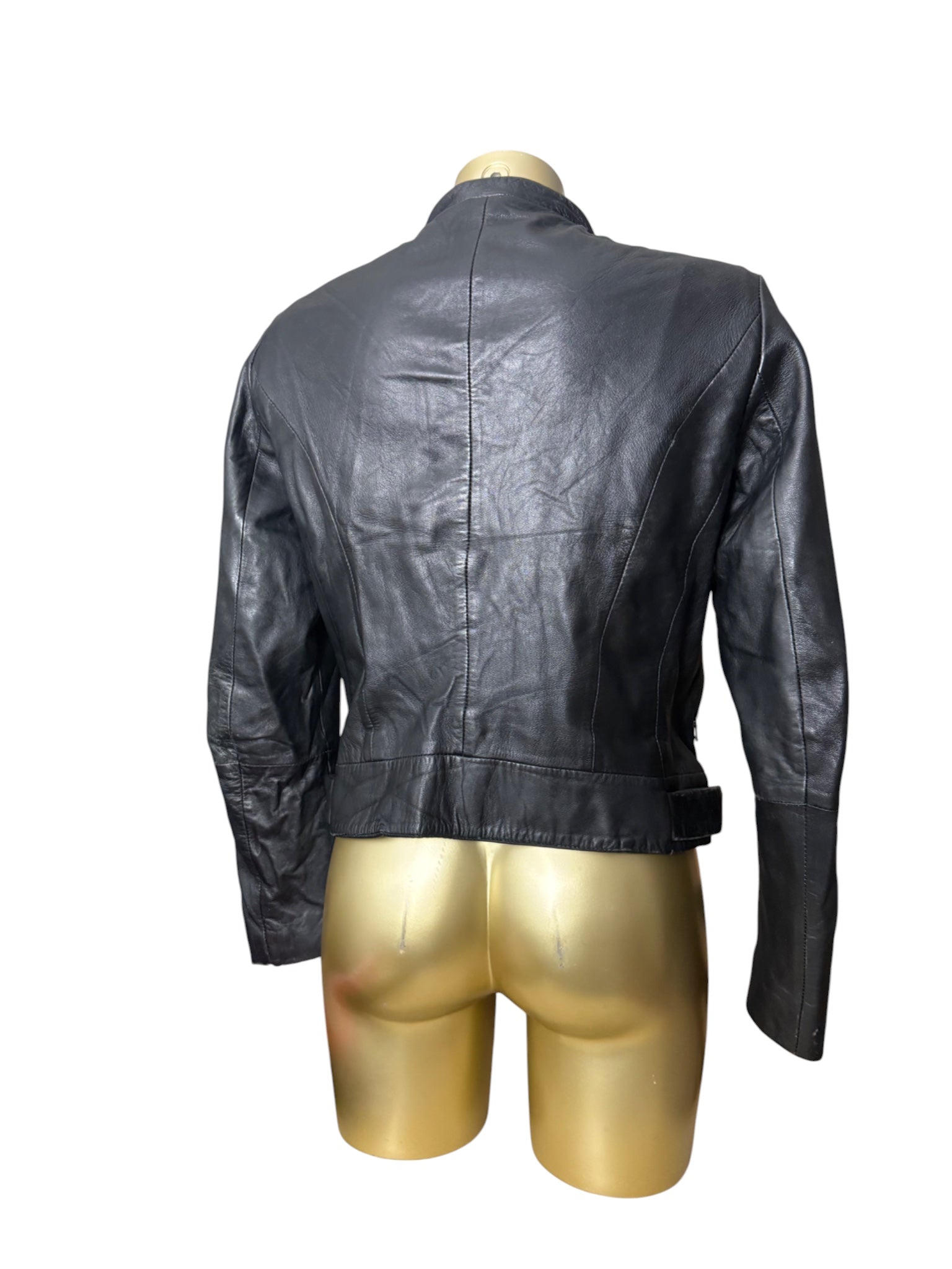 Black real leather zip up biker jacket (M)