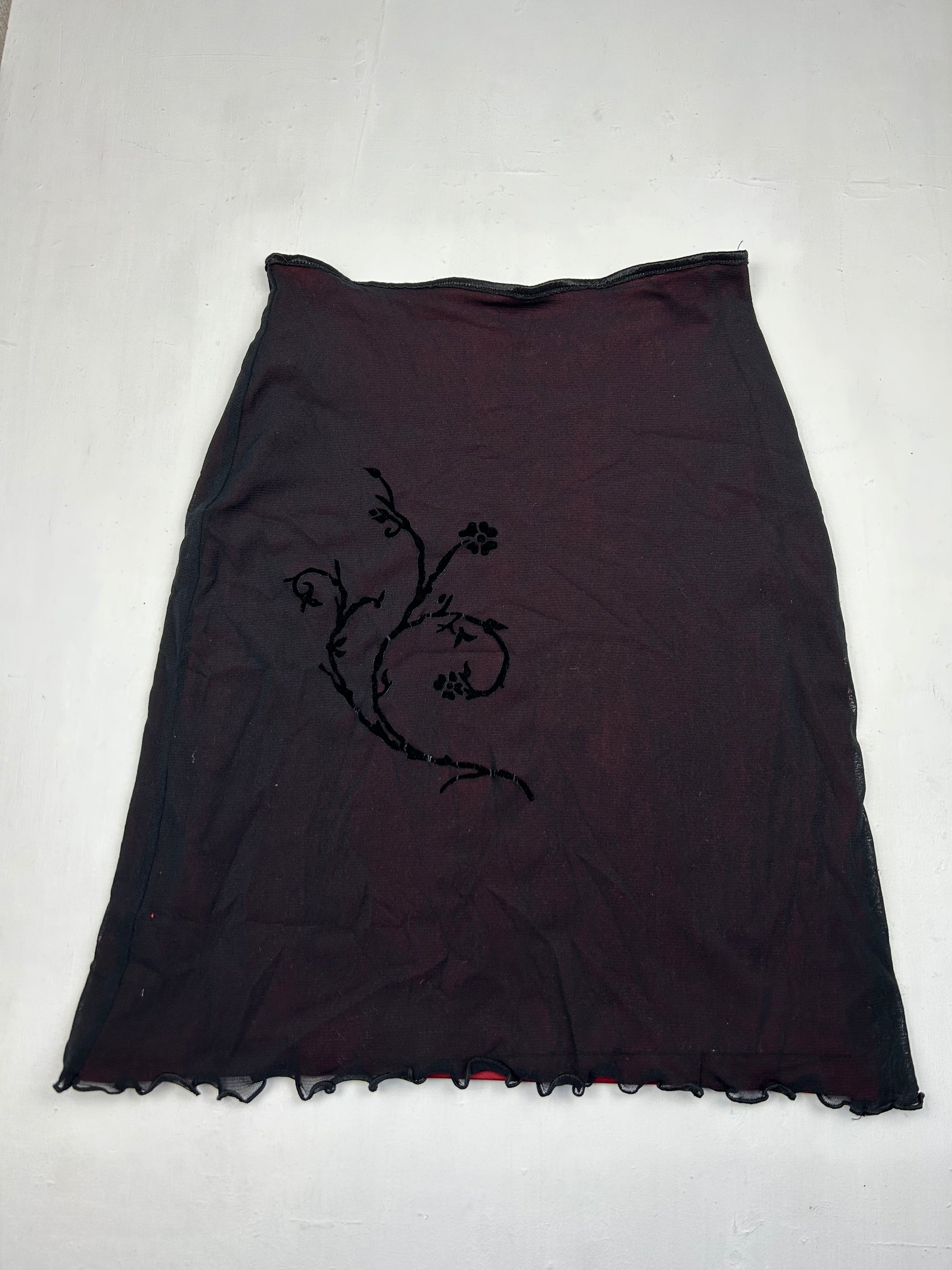 Black mesh lined embroidered low rise midi skirt (S)