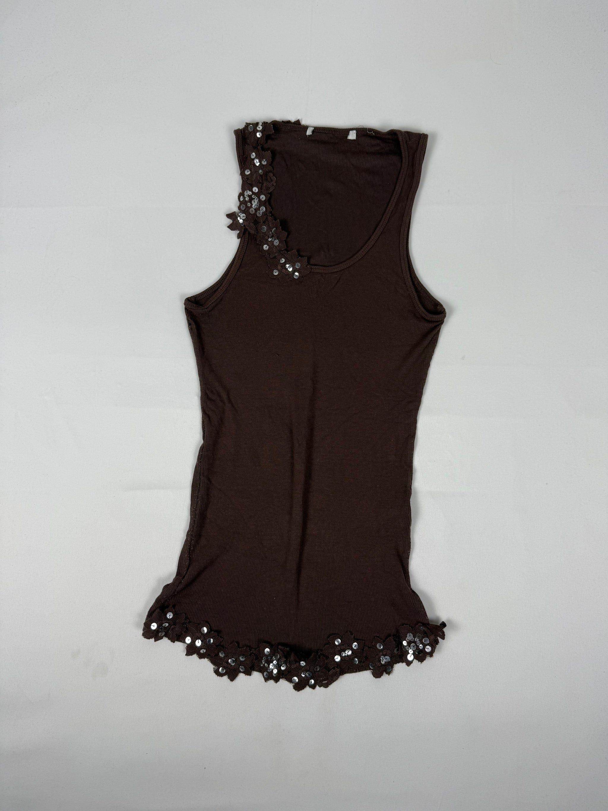Brown ribbed sequins floral tank top (S/M)