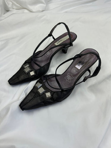 Black real leather pointed toes heels (36)