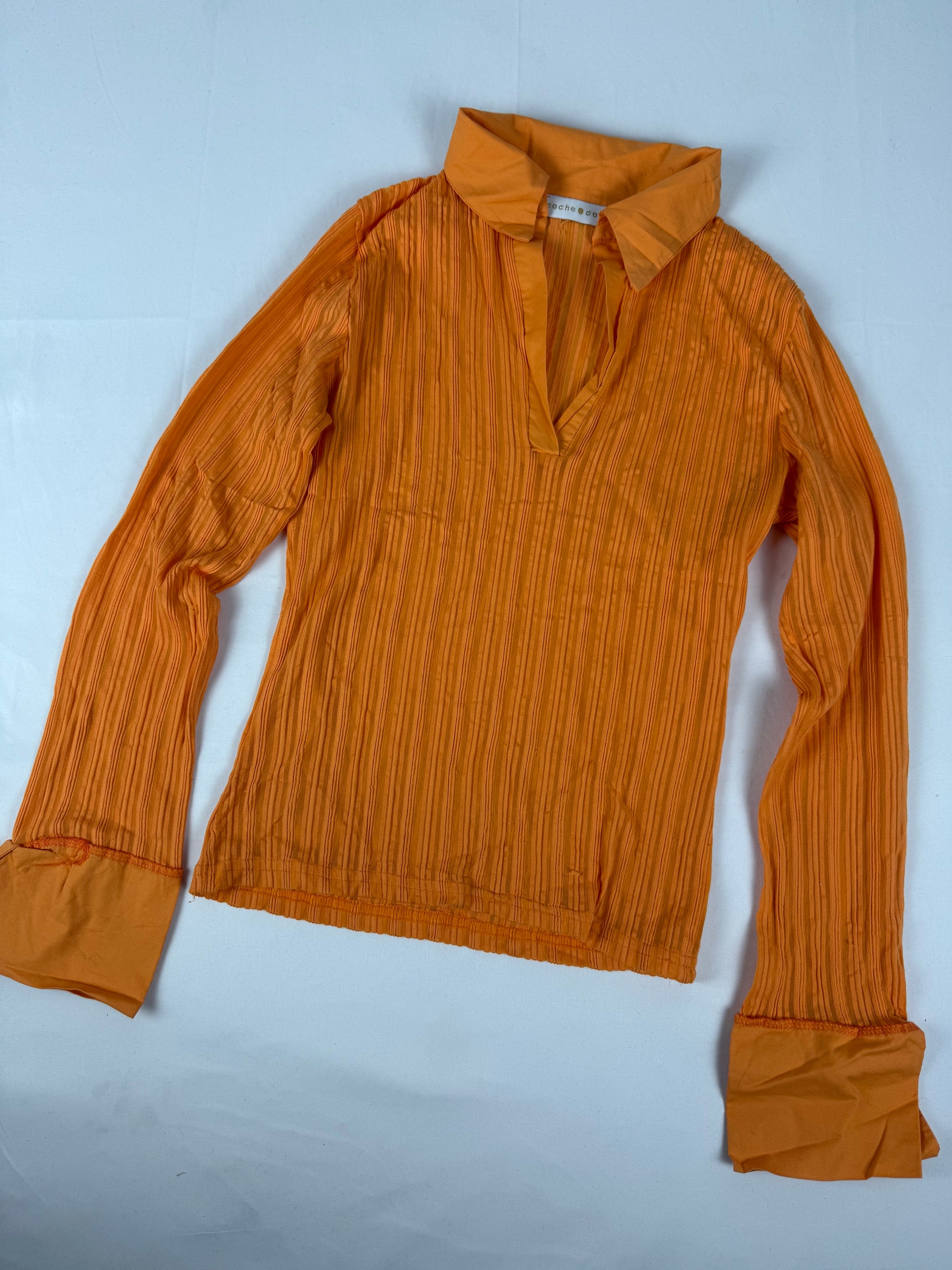Orange striped see trough stretchy polo top (S/M)