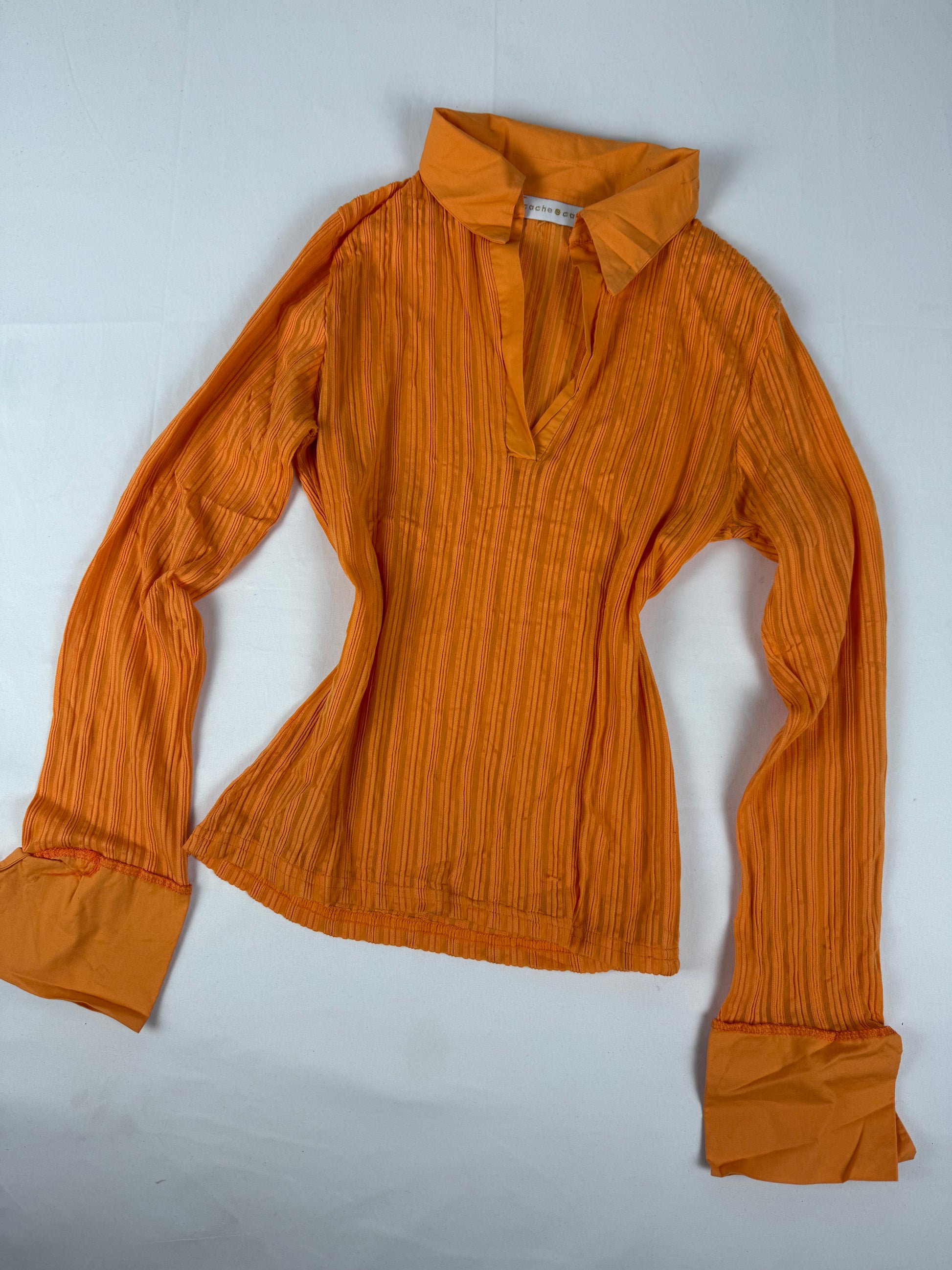 Orange striped see trough stretchy polo top (S/M)