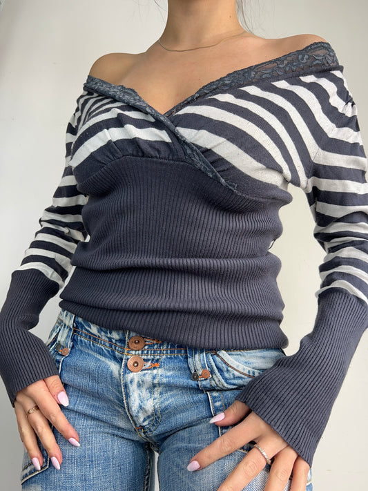 White & navy striped lace tight fit jumper (M/L)
