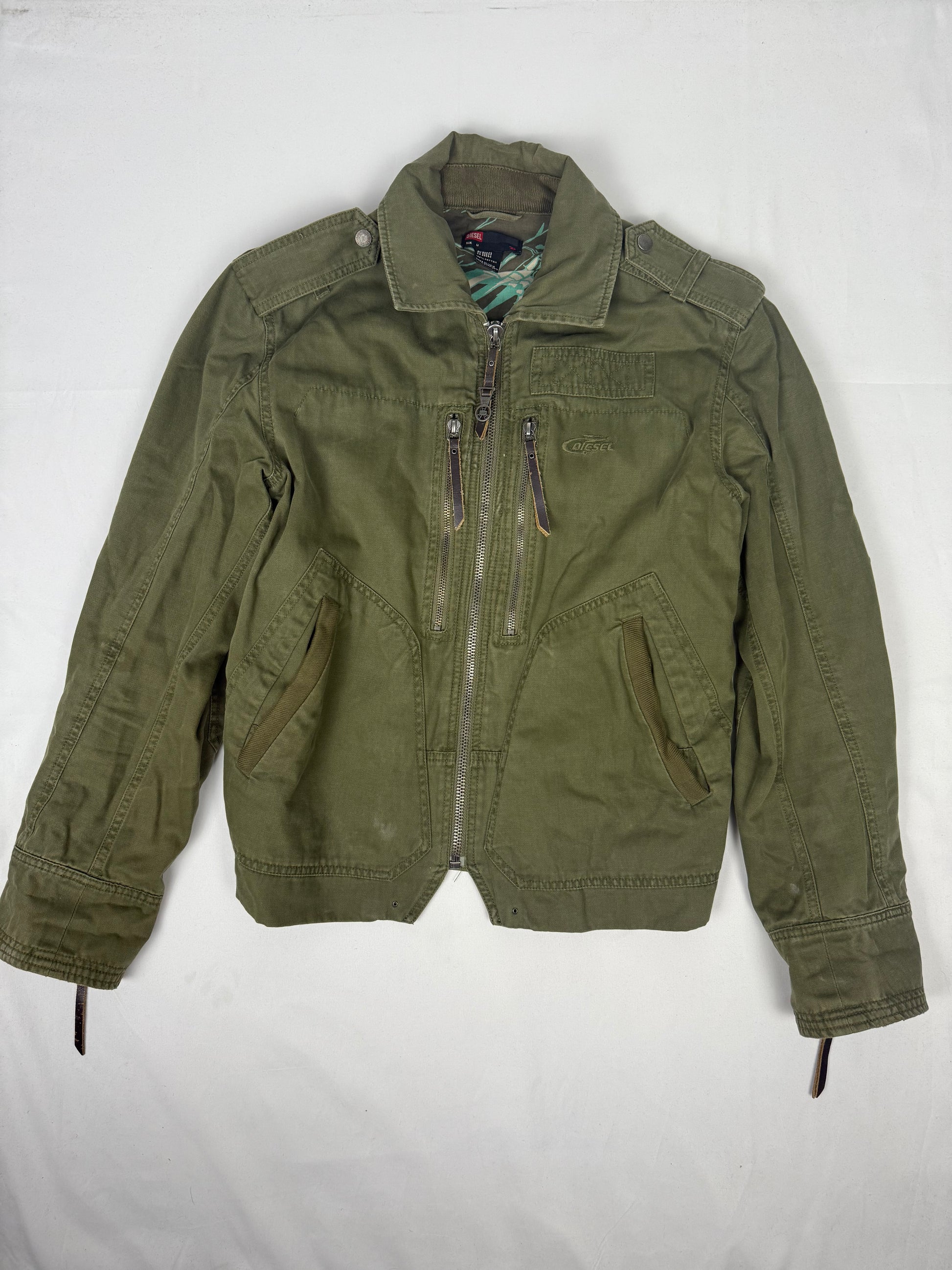 Khaki utility zip up cotton jacket (M)