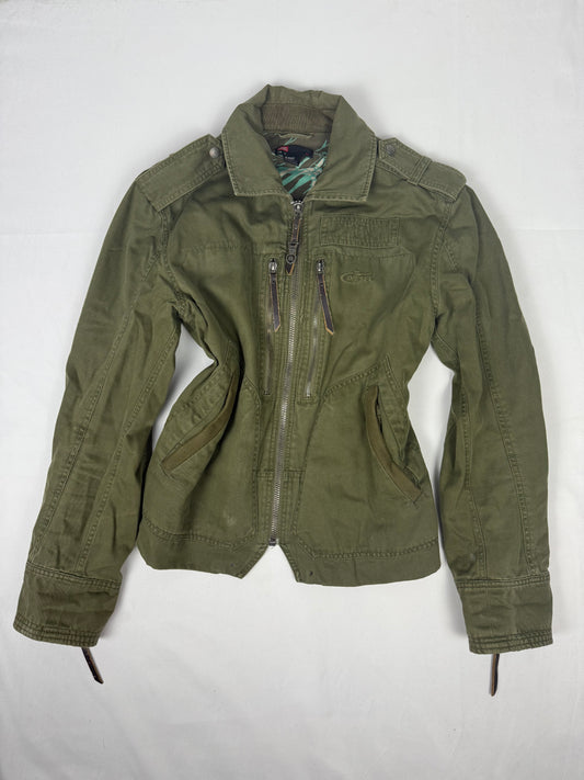 Khaki utility zip up cotton jacket (M)