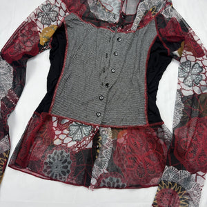 Grey & burgundy bi fabric mesh long sleeves top (S/M)