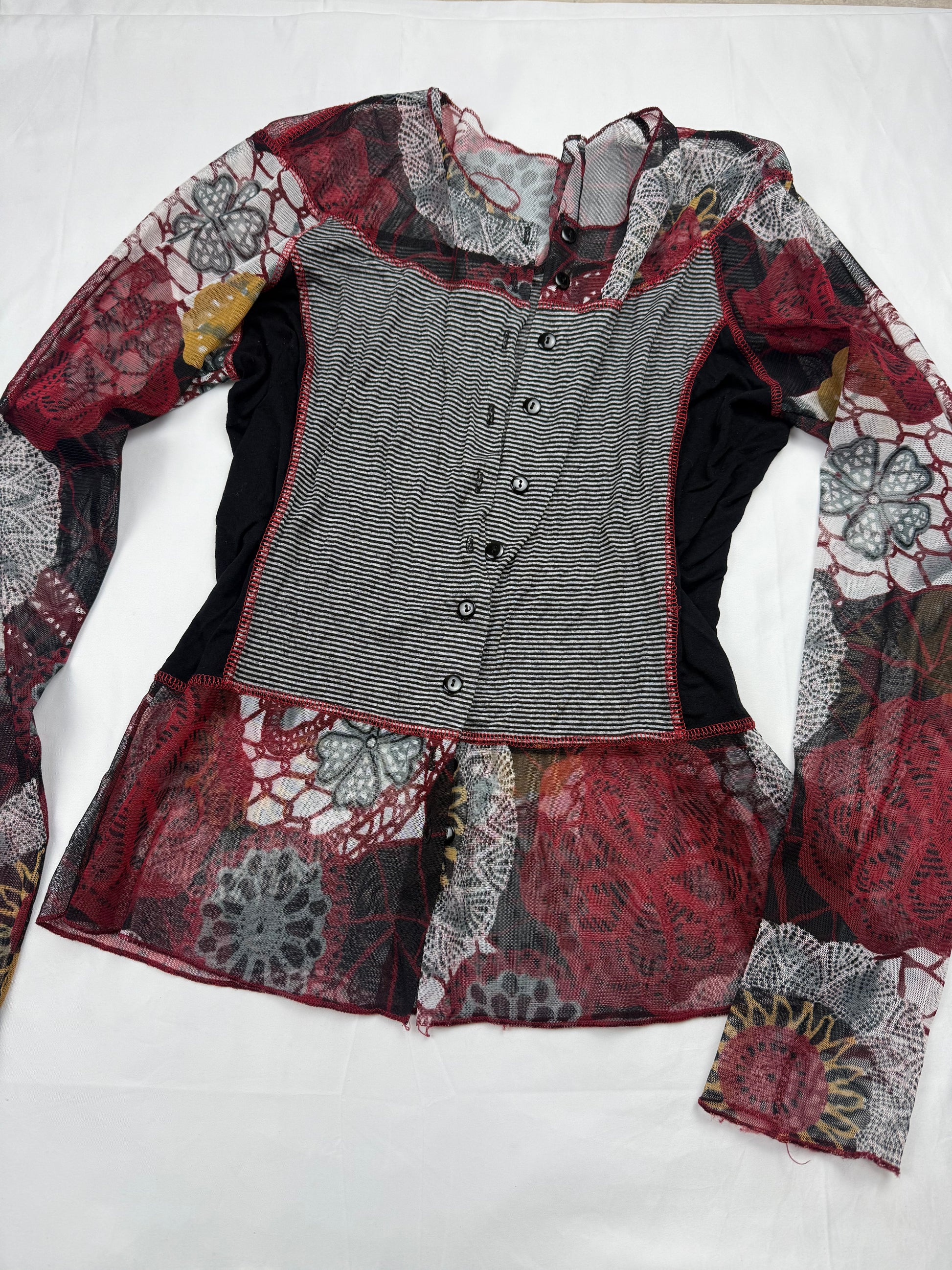 Grey & burgundy bi fabric mesh long sleeves top (S/M)